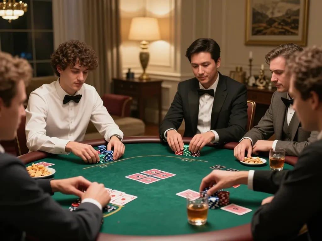 Go8 players engaged in a high-stakes Texas Hold'em game at a stylish home, emphasizing competitive strategy and camaraderie.