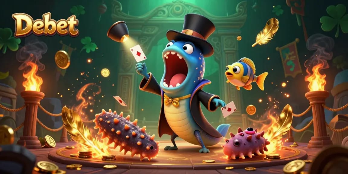 Debet casino illustration featuring a magical deep-sea scene with characters performing tricks.