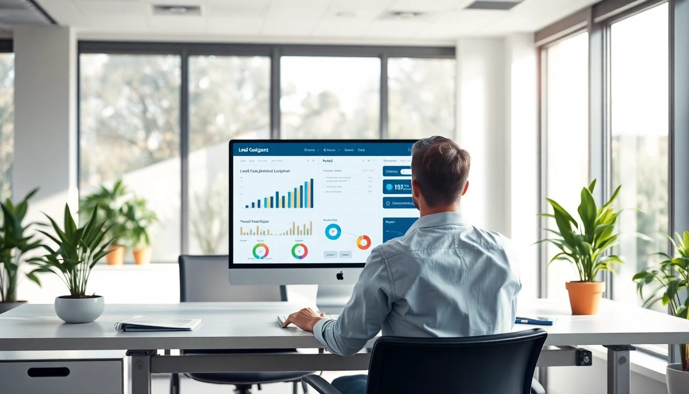 Visualisierung eines Lead-Generierung Assistenten in einem modernen Büro mit Statistiken und Grafiken zur Lead-Generierung auf einem Computer.