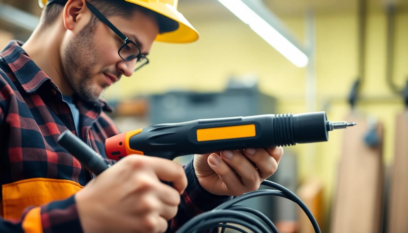 Technician conducting the pr&uuml;fung ortsver&auml;nderlicher elektrischer betriebsmittel on electrical tools, ensuring compliance and safety.