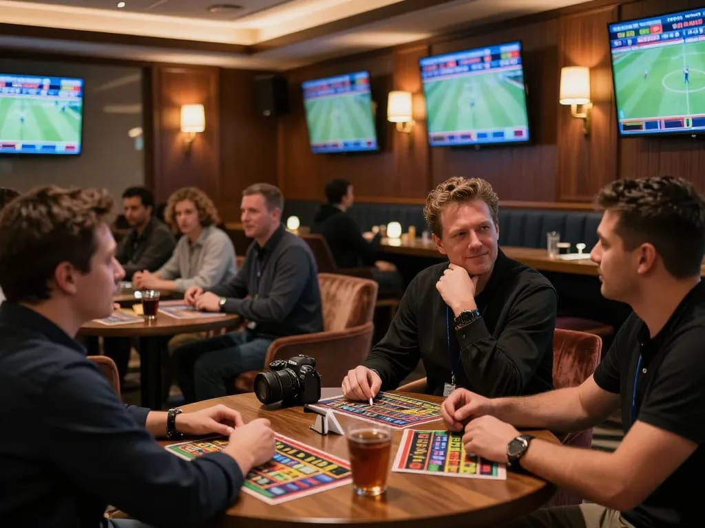 Engaged bettors strategizing their bets at the mk8 sports betting lounge with live screens.