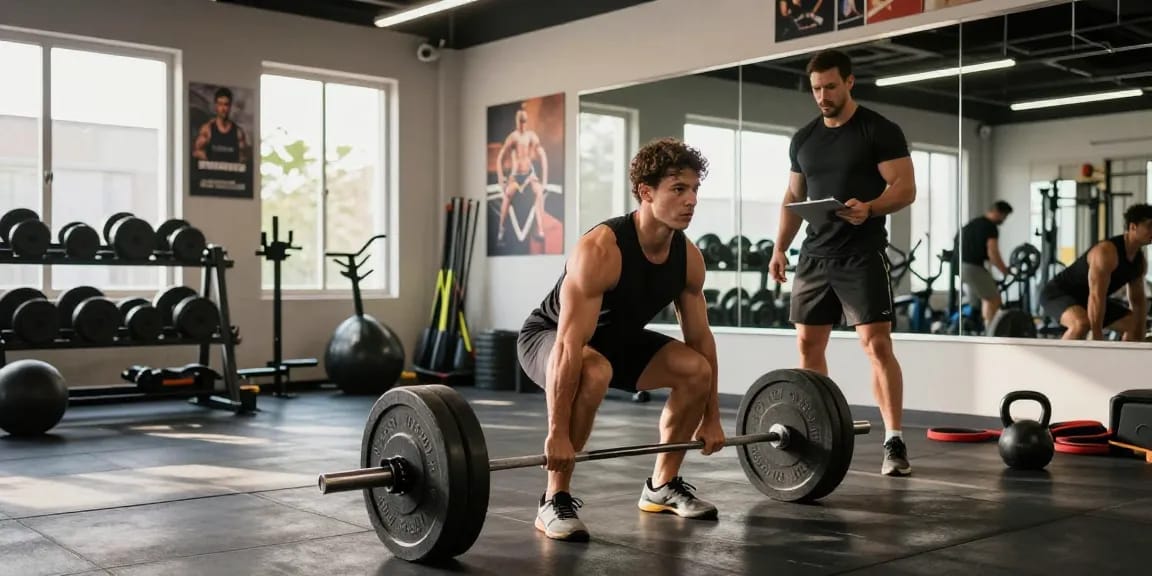 Kraftsportler hebt Gewichte im Steroidshop-Fitnessstudio und zeigt intensives Fitnesstraining.