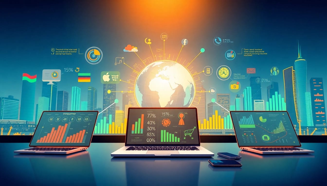 Veranschaulichung der Internet Trends mit zentralem Globus und digitalen Verbindungen.