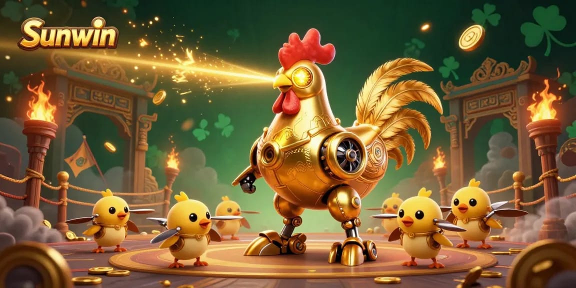Engage with Sunwin's captivating online casino scene featuring a golden rooster robot amidst betting tokens and dynamic elements.