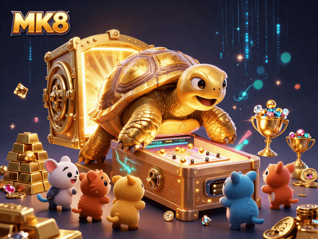 Engage with the 3D MK8 casino world, featuring a colossal tortoise pinball machine and vibrant treasures.