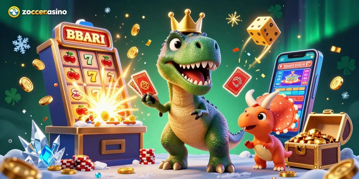 Experience zoccercasino with a vibrant cartoon scene featuring a T-Rex, slot machine, and golden chips.