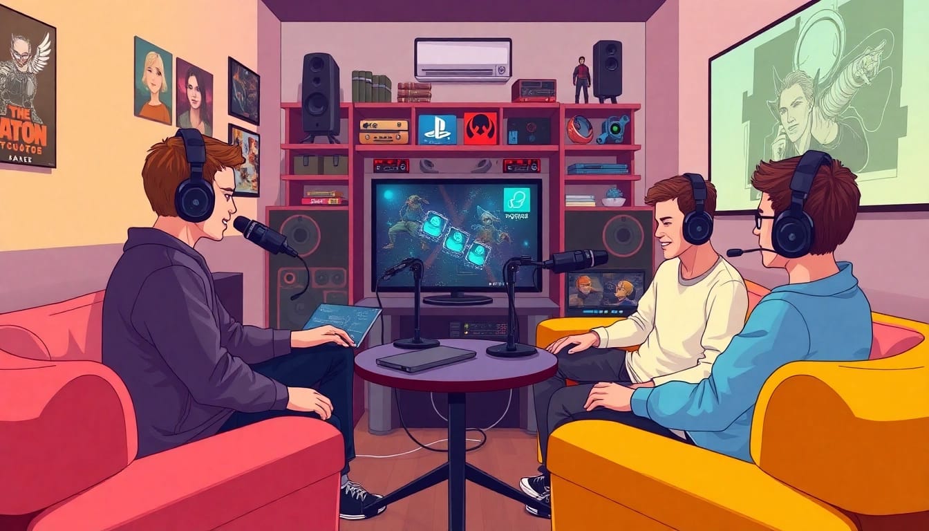 Erleben Sie den Gaming Podcast in einem einladenden Studio mit Mikrofonen und hochwertiger Ausrüstung.