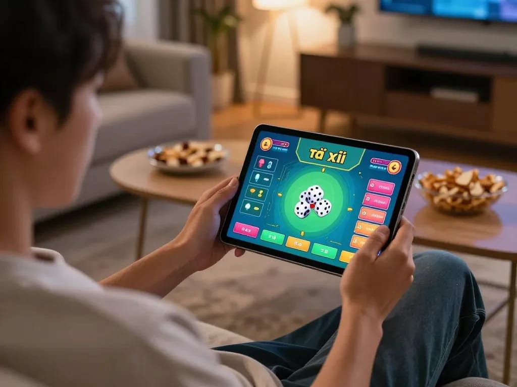 Engaging in a game tài xỉu online on a tablet in a cozy home setting.