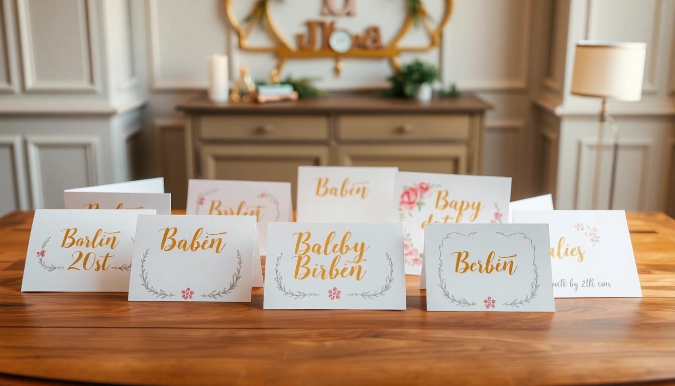Gestalte individuelle Geburtskarten mit zauberhaften Designs auf einem Holztisch.