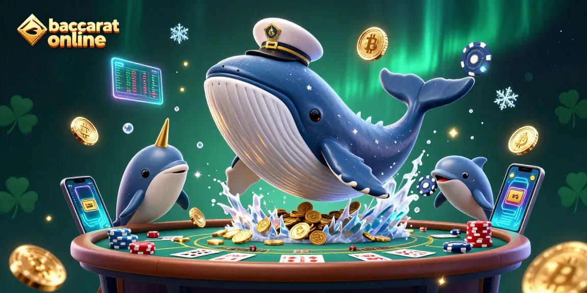 Baccarat online scene featuring a whale, narwhal, and dolphins among casino elements.