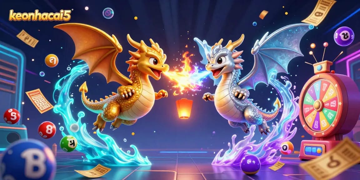 Bettors engage with keonhacai5 as twin dragons breathe fire and ice among dynamic lottery elements.