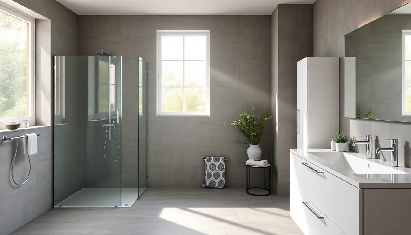 Entdecke sonni sanitär Produkte in einem stilvollen, modernen Badezimmer mit eleganten Armaturen und Duschkabinen.