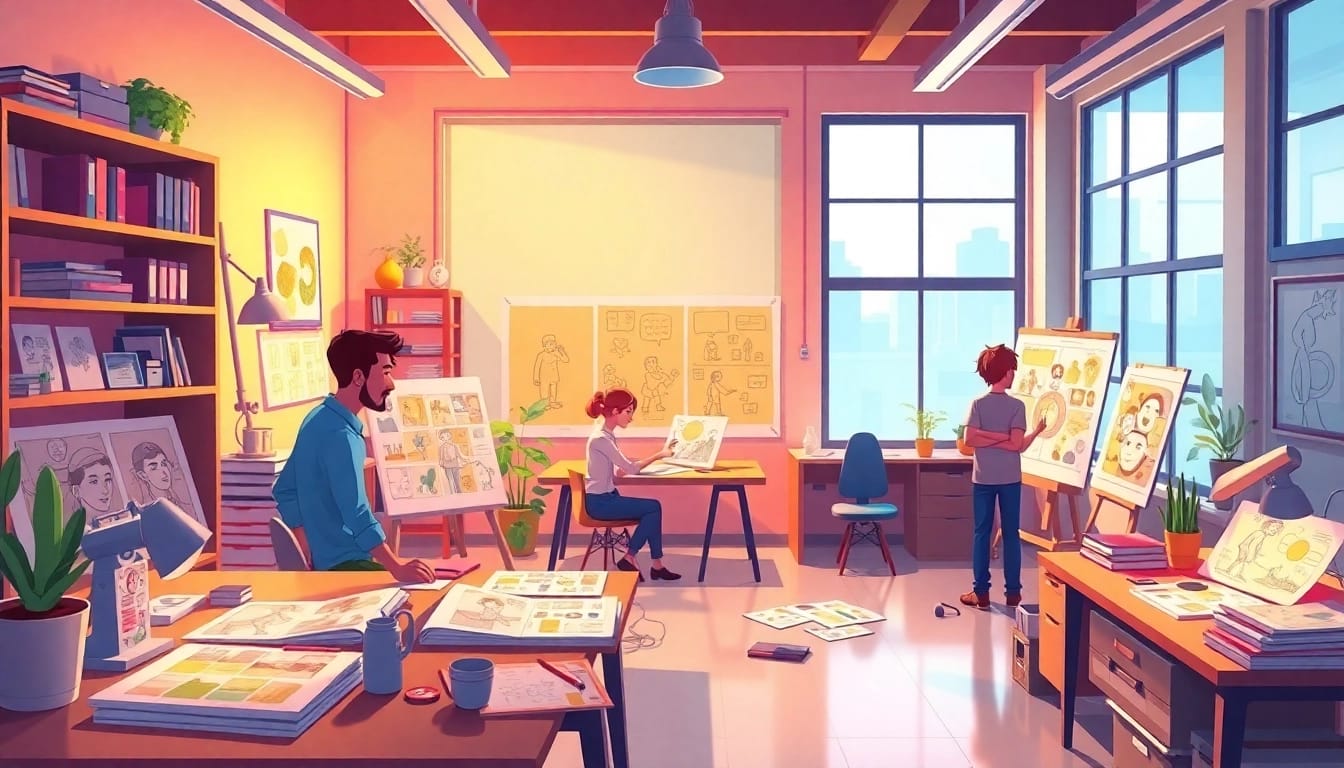 Animation Agency workspace with artists collaborating on vibrant storyboard sketches.
