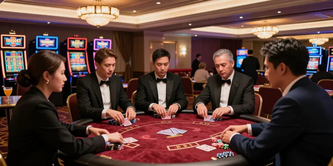 Gambling scene with rokok88 at a high-stakes poker table in a vibrant casino.