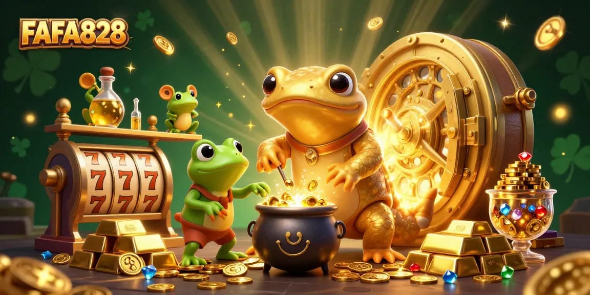 Join the adventure at FAFA828 with a golden salamander and frog in an enchanting casino scene.