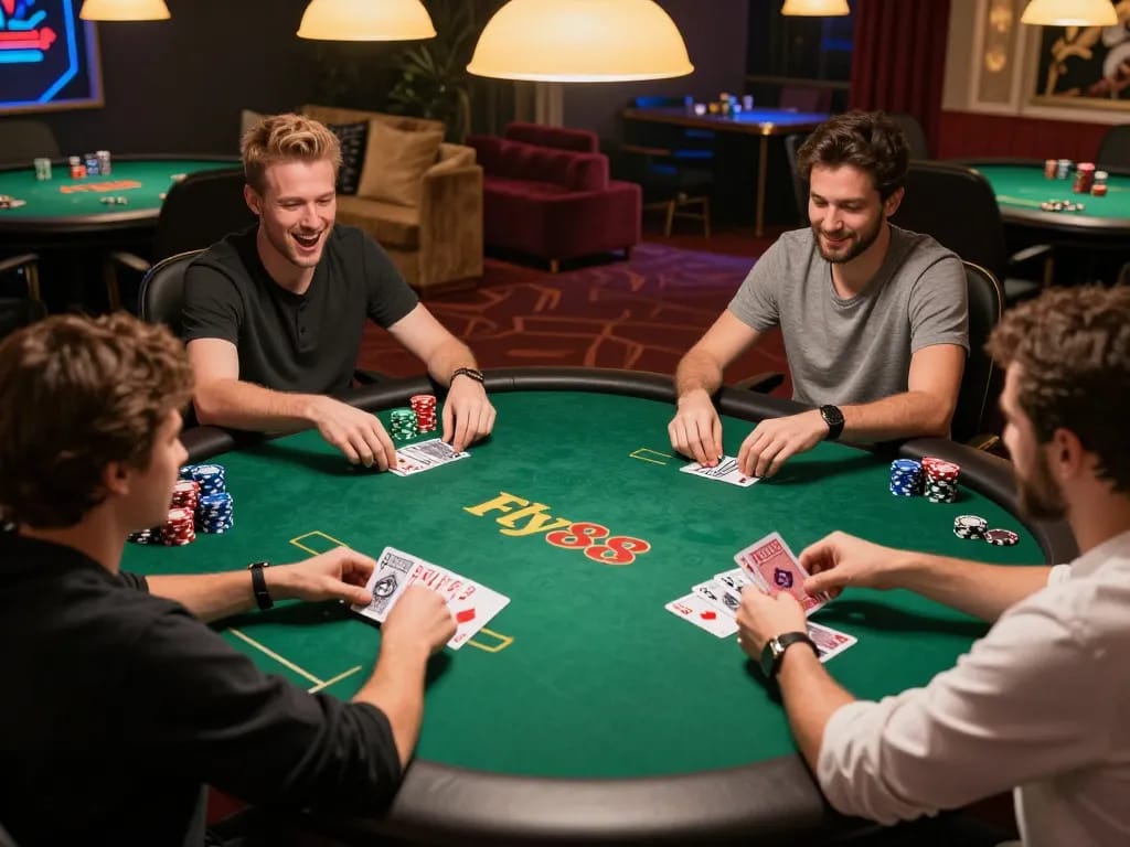Fly88 poker game in action, players engaged in strategic gameplay with cards and chips.