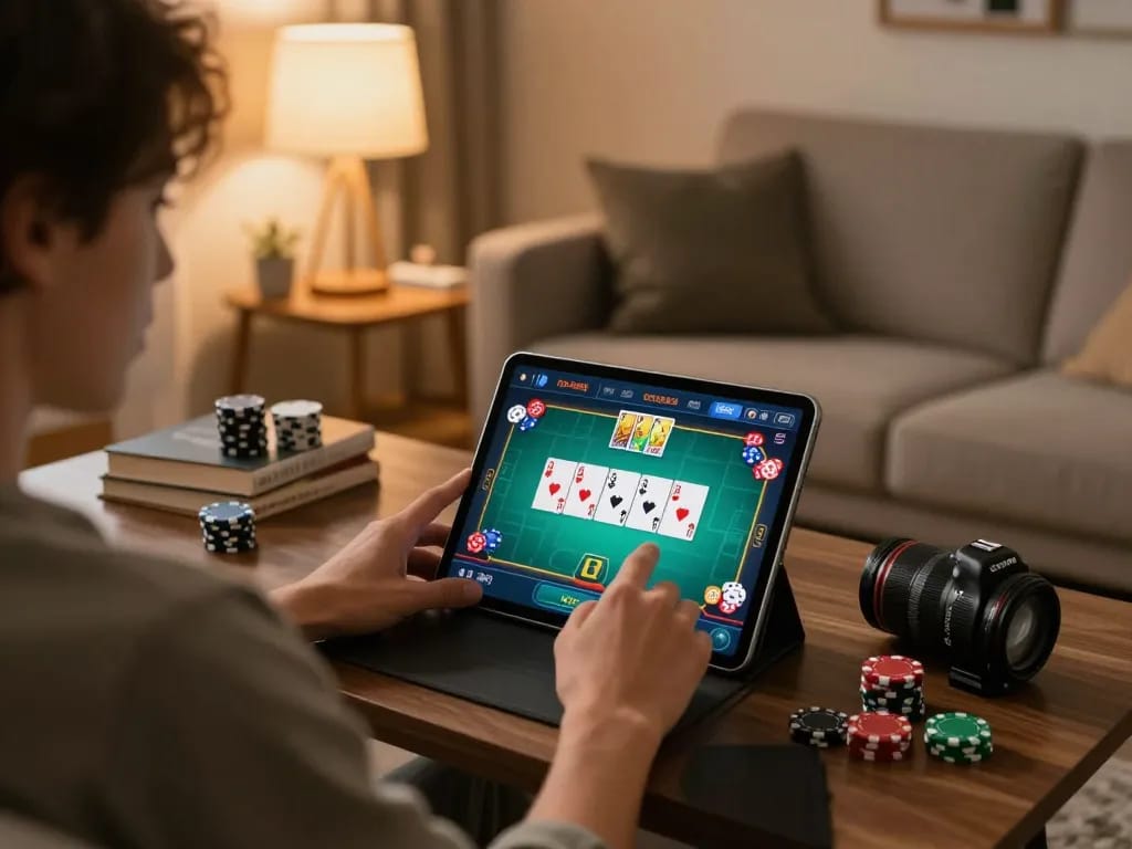 Player engages in online poker on PH22 platform, showcasing vibrant gameplay and a cozy home setup.