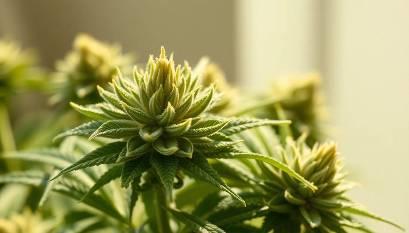 CBD Blüten in hoher Qualität auf einem Tisch arrangiert, die Frische und Reinheit hervorhebend.