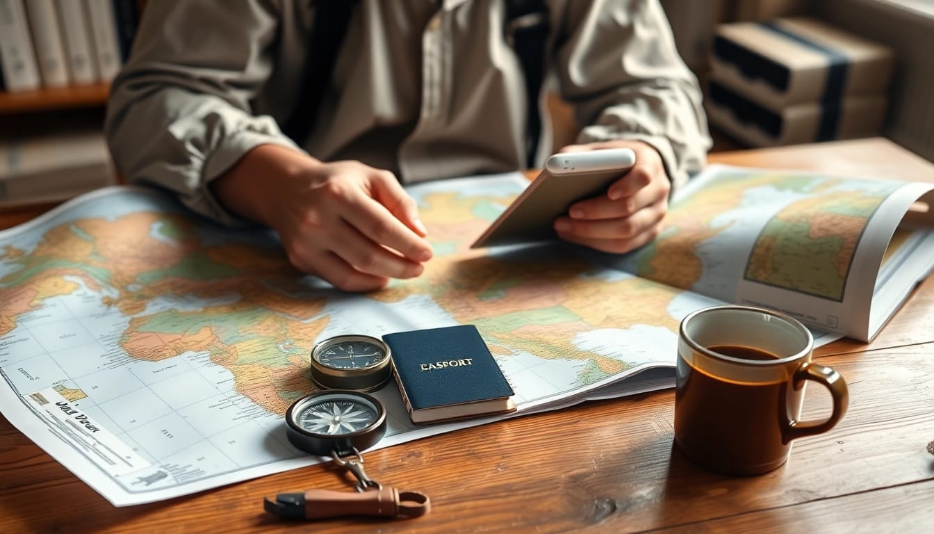 Fernreisen planen am Tisch mit Karten und Reiseführern für neue Abenteuer.