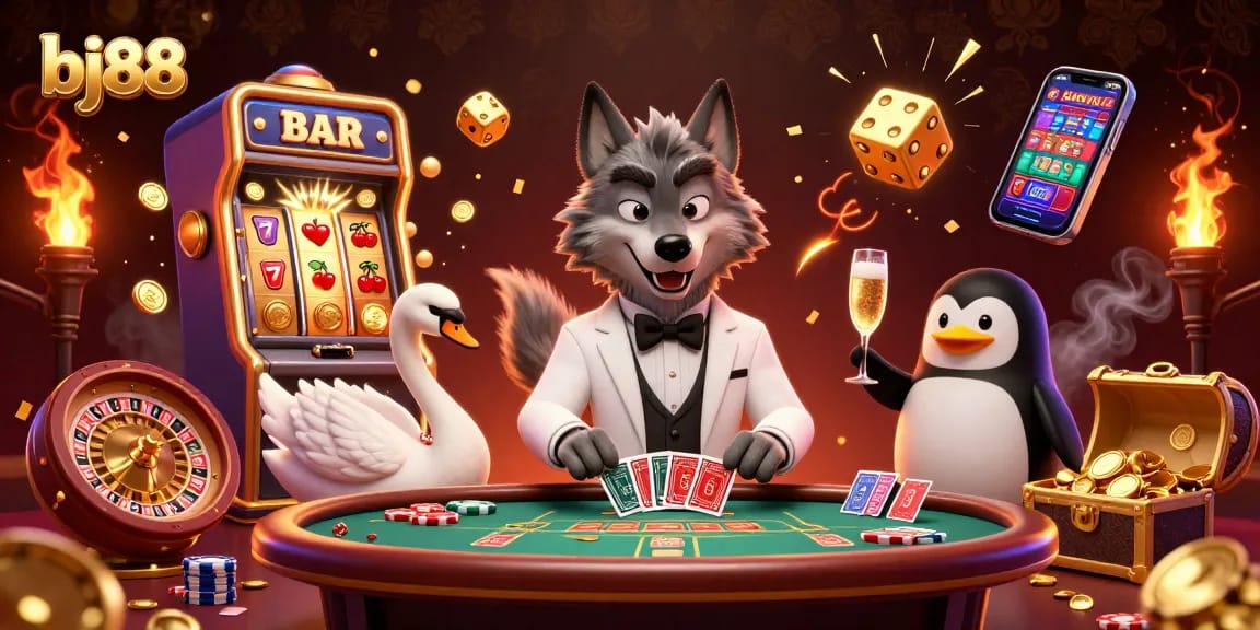 Experience thrilling action at bj88 with a vibrant 3D casino scene of a debonair wolf and elegant characters.