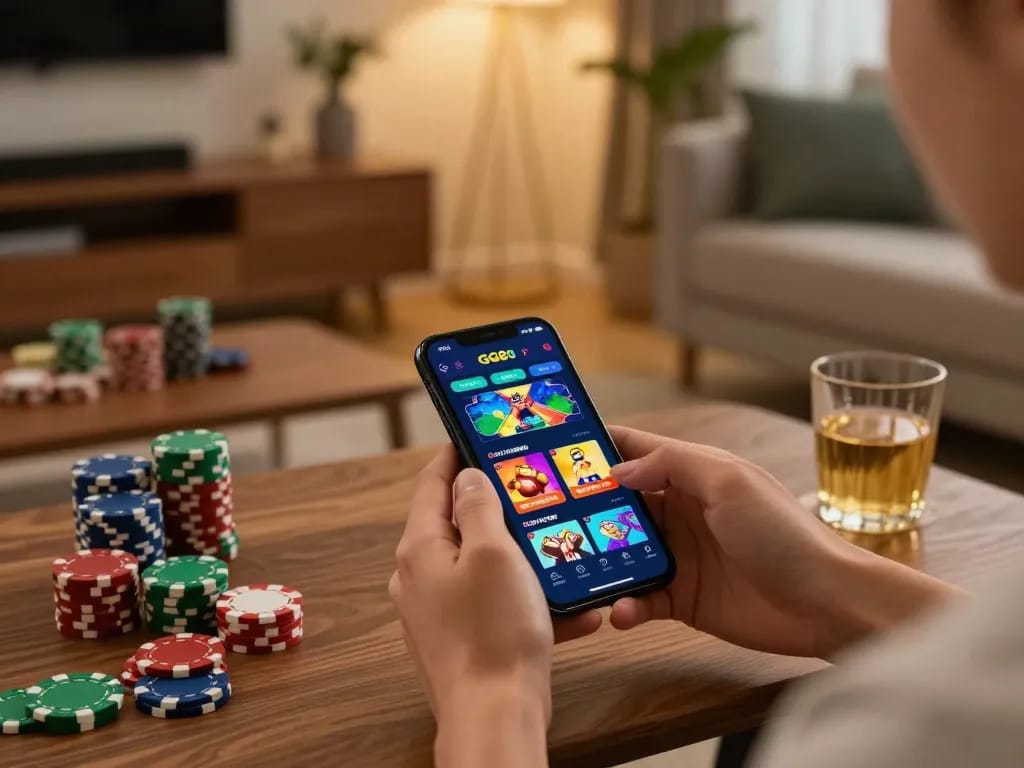 Enjoying the GO88 mobile casino app at home with stacks of poker chips and a cozy ambiance