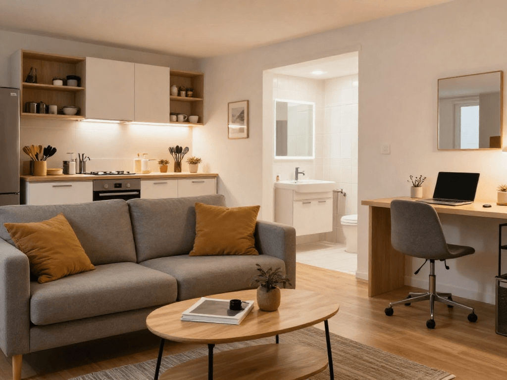 Komfortable Monteurzimmer in Hannover, modernes Wohnzimmer mit Küche und hellen Badezimmerdetails.