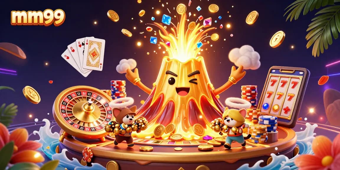 Experience the excitement of mm99 with treasures as golden coins and gems cascade from a vibrant volcano.