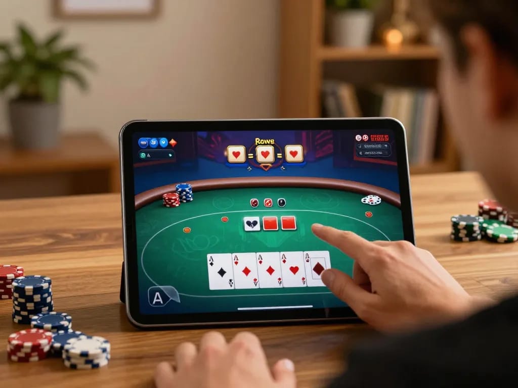 Engaging in online poker with Nhà cái QQ88 on a tablet, showcasing gameplay and cozy home environment.