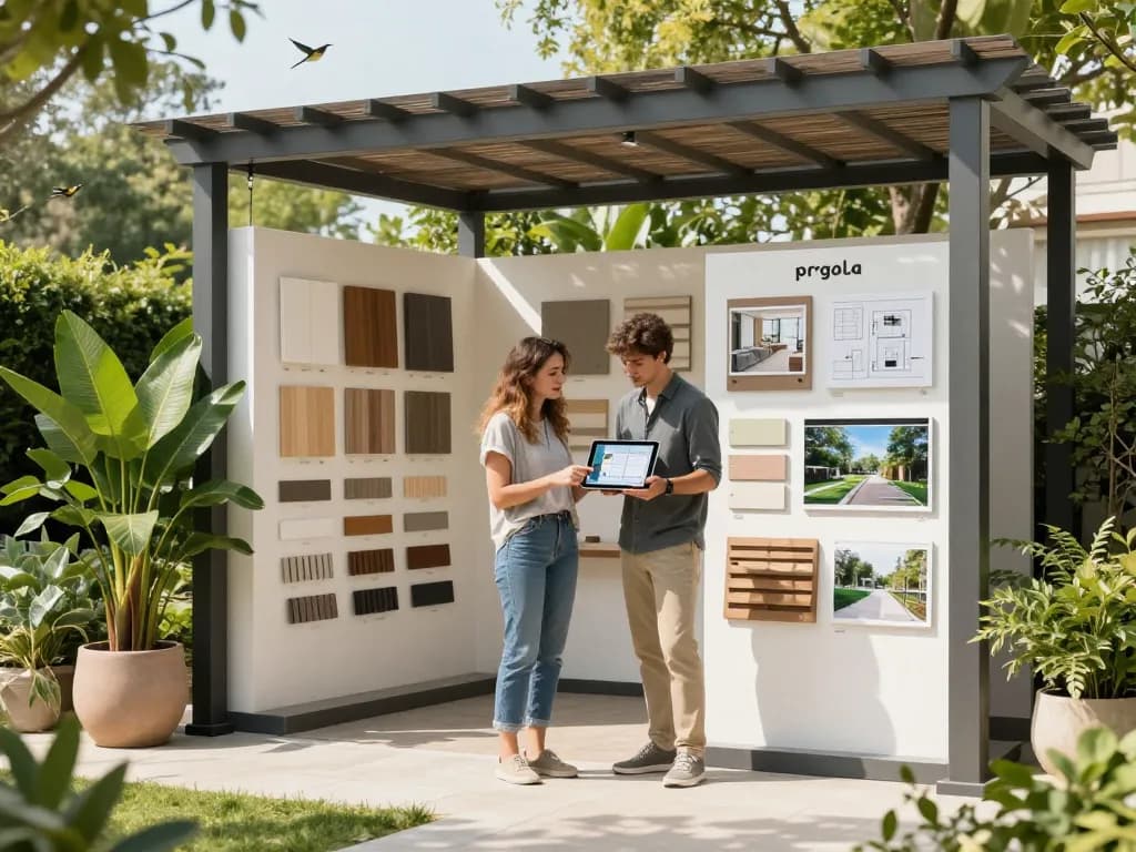Interaktive Design-Sitzung, die Software für Pergola-Installateure für maßgeschneiderte Außenstrukturen zeigt.