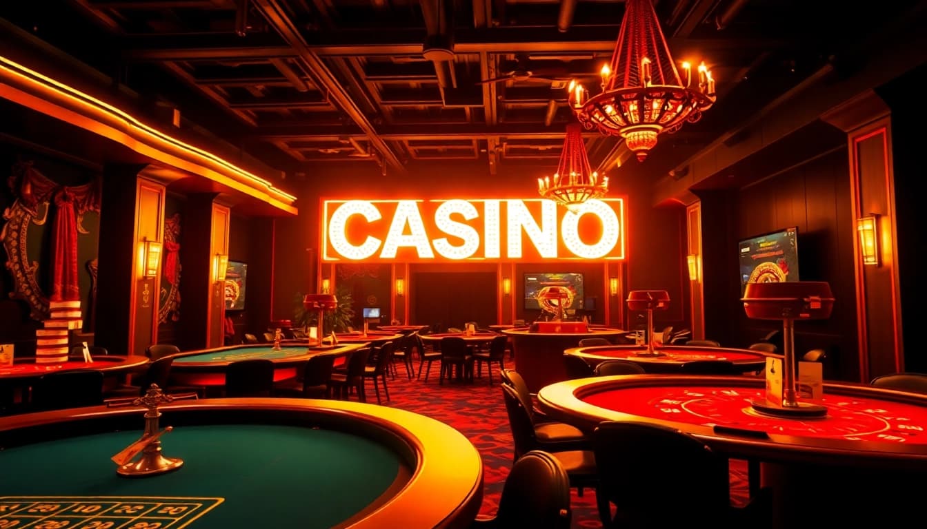 Erlebe den Nervenkitzel im Casino online mit eleganten Spieltischen und aufregenden Neonlichtern.