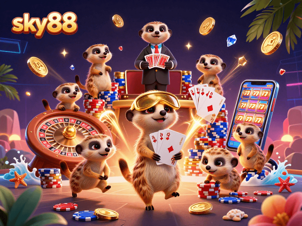 Experience excitement at sky88 with meerkats running a vibrant casino filled with games and treasures.