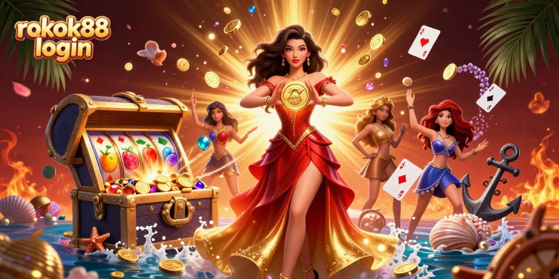 Experience excitement at rokok88 login with vibrant slot machines and dazzling golden coins.