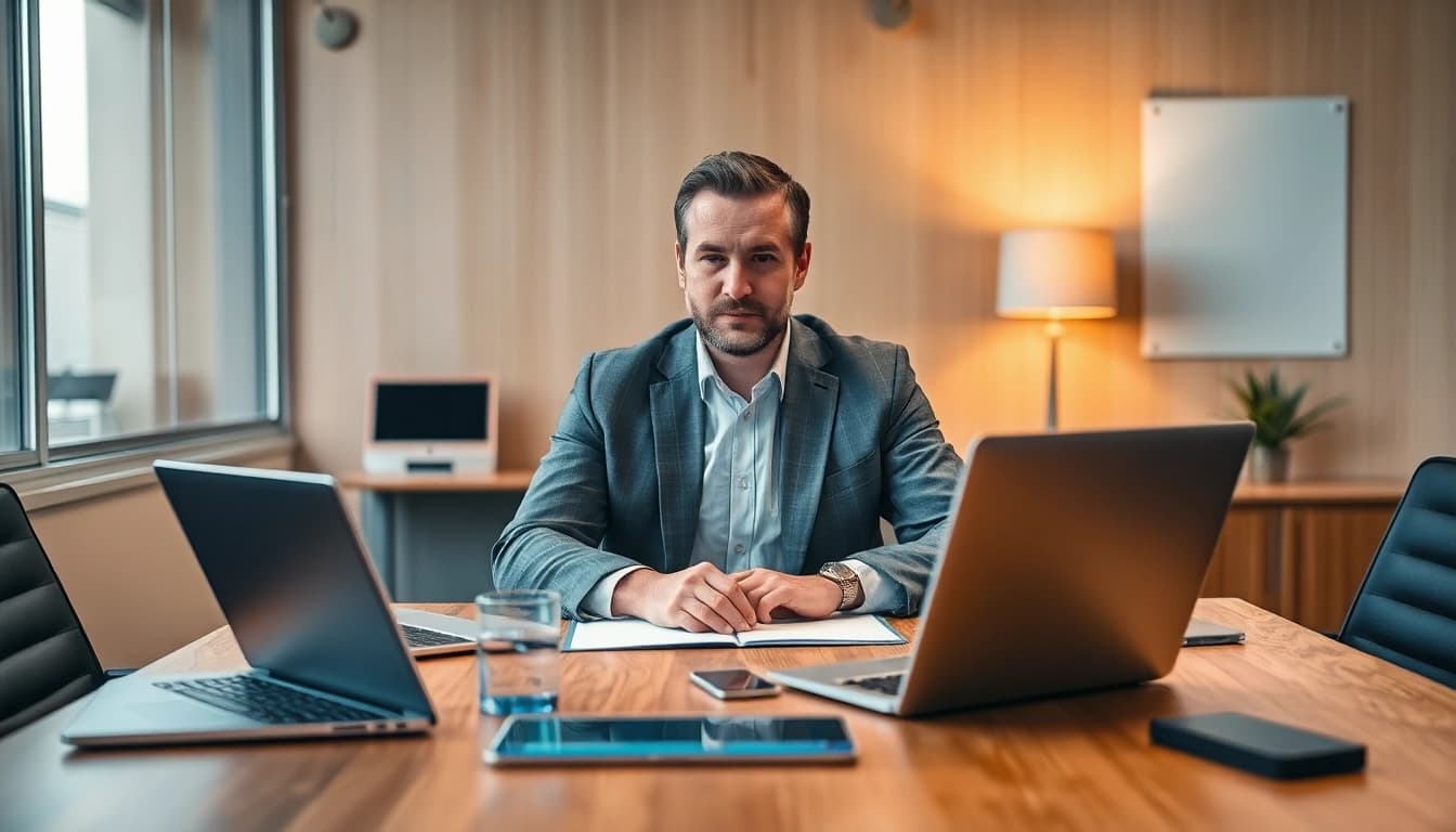 Headhunter IT berät einen Kandidaten in einem modernen Büro mit technischen Geräten.