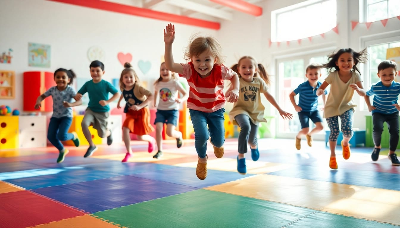 Kinder beim Spielen von Bewegungsspielen drinnen, mehr dazu lesen.
