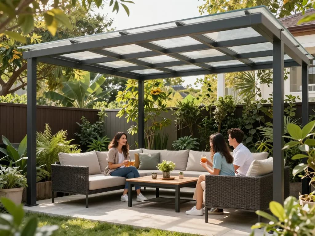 Elegante Terrassenüberdachung, die die Terrasse mit gemütlichen Sitzgelegenheiten und üppigem Grün aufwertet.