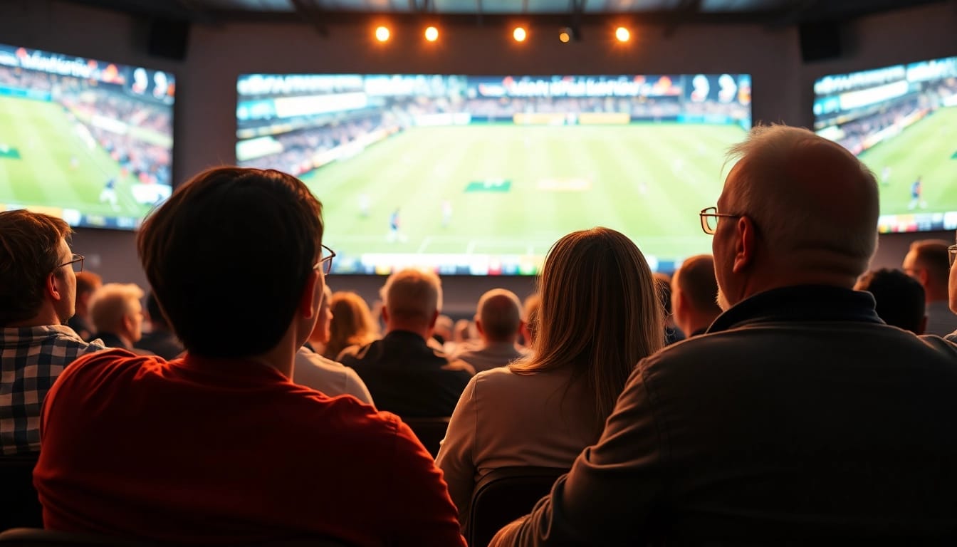 Erlebe sportwetten hautnah: Begeisterte Zuschauer verfolgen Live-Spiele in einem modernen Wett-Studio.