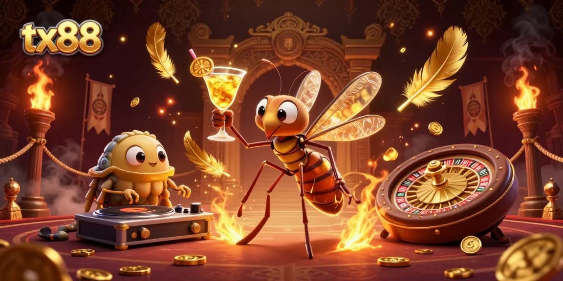 Experience tx88 with a vibrant casino scene featuring a unique frozen mosquito mascot and rich elements.