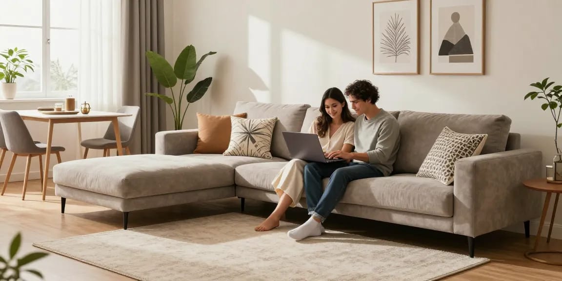 Entdecken Sie stilvolle Möbeloptionen, während Sie Möbel online bestellen, in einem gemütlichen Wohnzimmer-Setup.