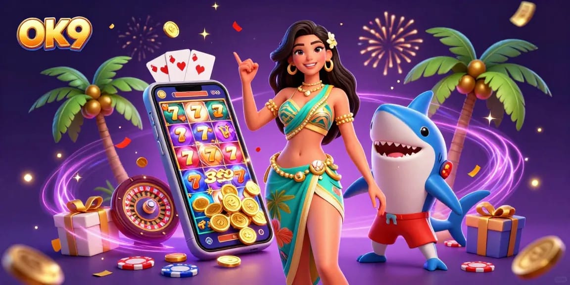 Experience thrilling wins at OK9 with a glamorous beach scene highlighting exciting casino games.