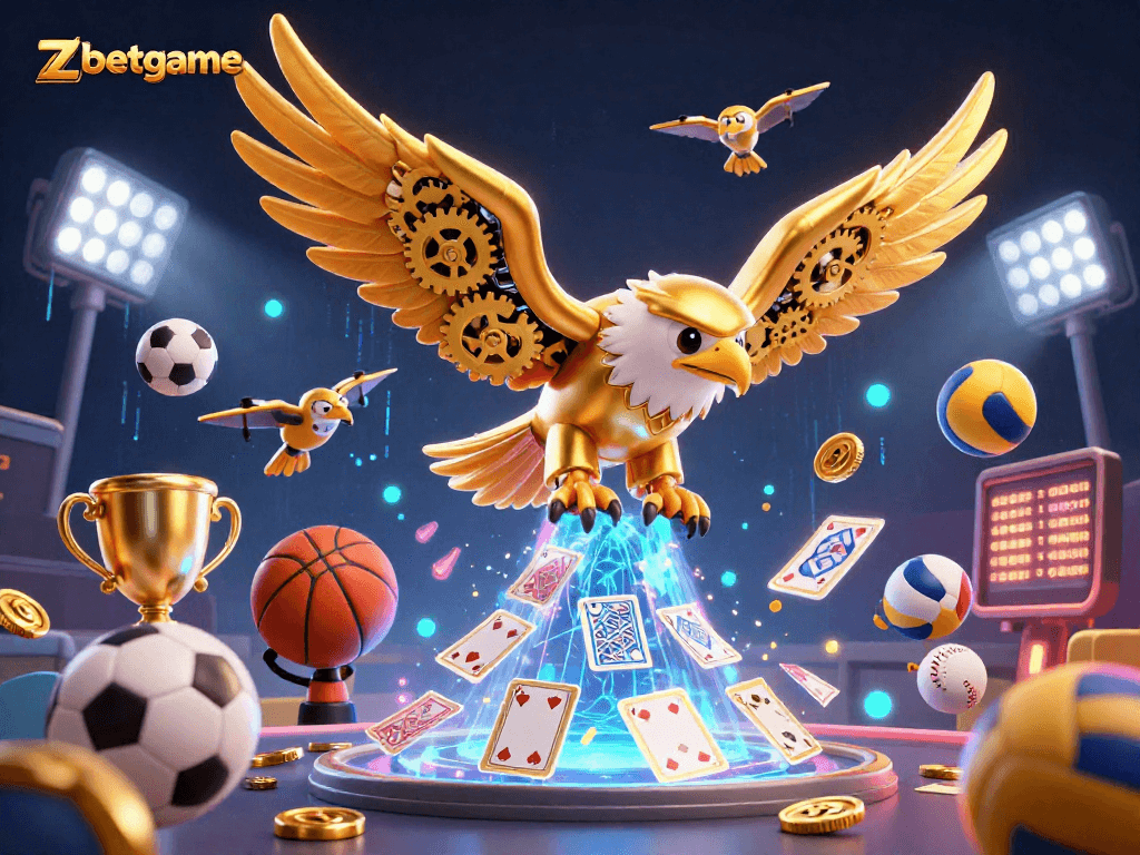 Engage with zbetgame's exhilarating gaming experience featuring a cybernetic golden eagle amidst vibrant sports elements.