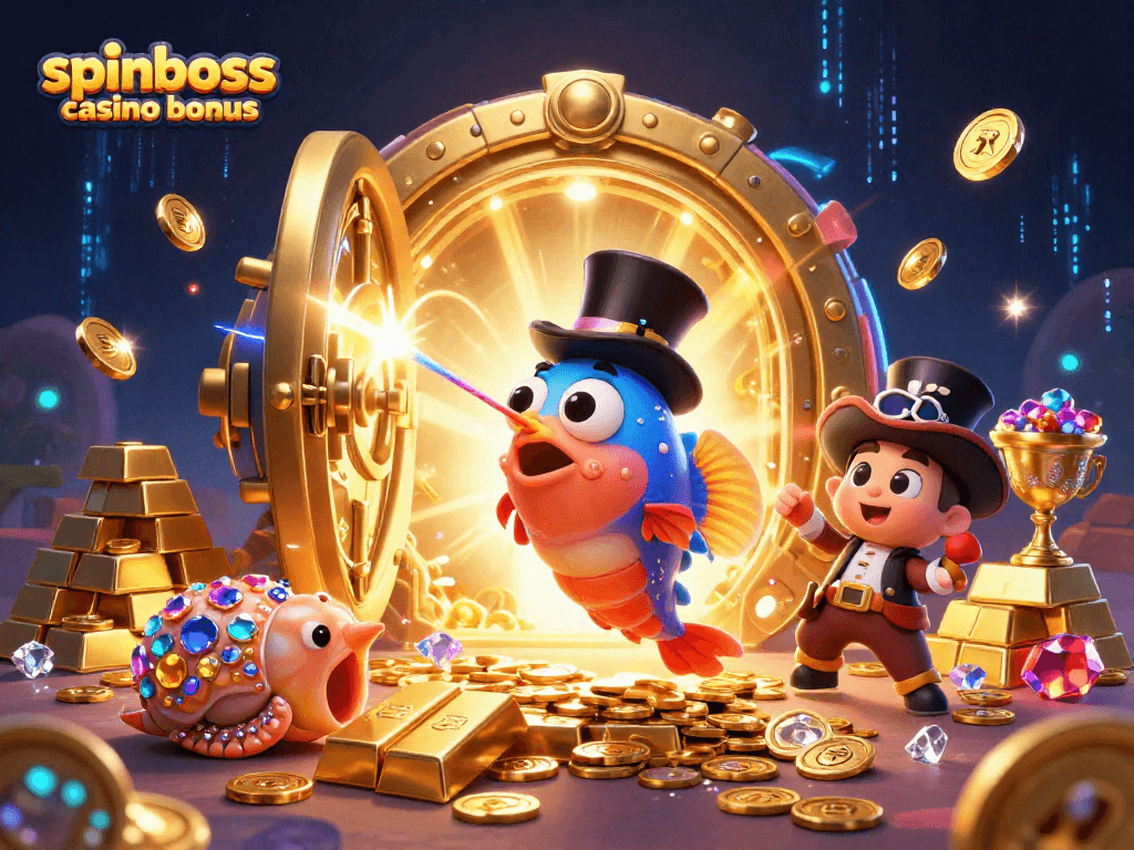 Gewinne mit dem SpinBoss Casino Bonus: Anglerfisch und seltene Schätze in 3D-Illustration.