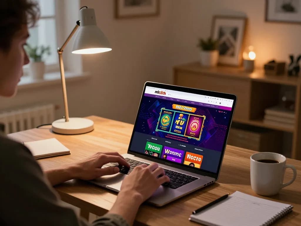 Player engaged in mk8th online casino gaming on laptop at home, showcasing a strategic environment.