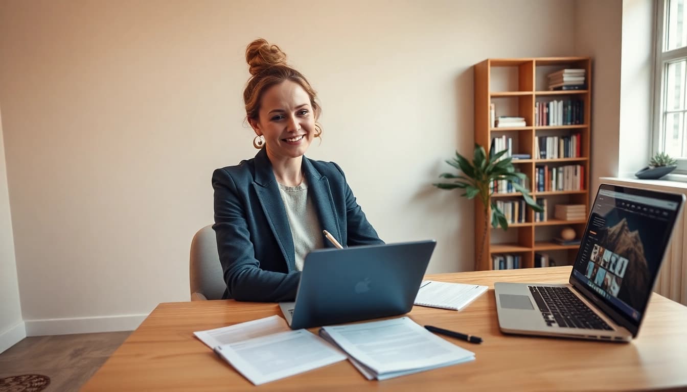 Professionelles Webdesign für Coaches mit einer inspirierenden Coachin an einem modernen Schreibtisch.