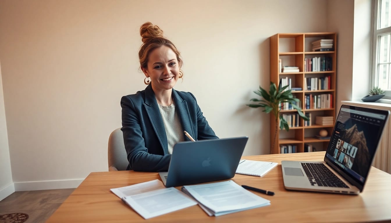 Professionelles Webdesign für Coaches mit einer inspirierenden Coachin an einem modernen Schreibtisch.
