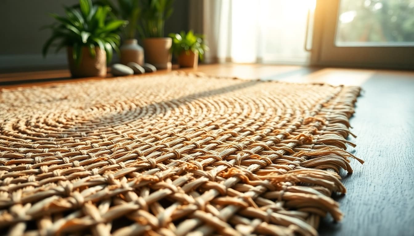 Hanfmatte mit natürlichem Design und detailsreicher Struktur auf Holzboden.