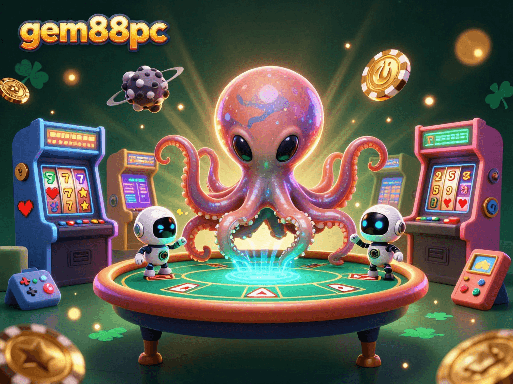 Engage with the vibrant gaming scene at gem88pc featuring a playful alien octopus amid slot machines and poker tables.