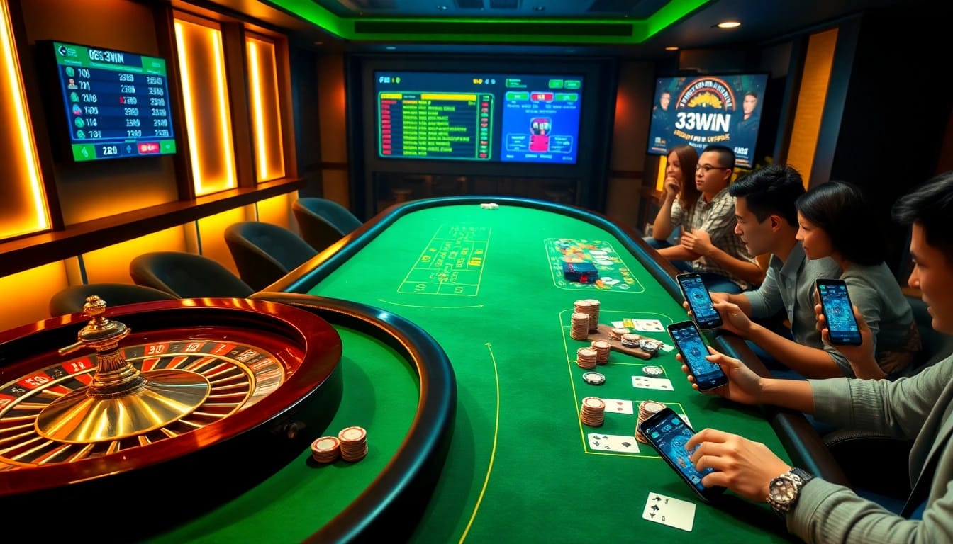 Players enjoying a thrilling game at 33win casino with vibrant cards and chips.