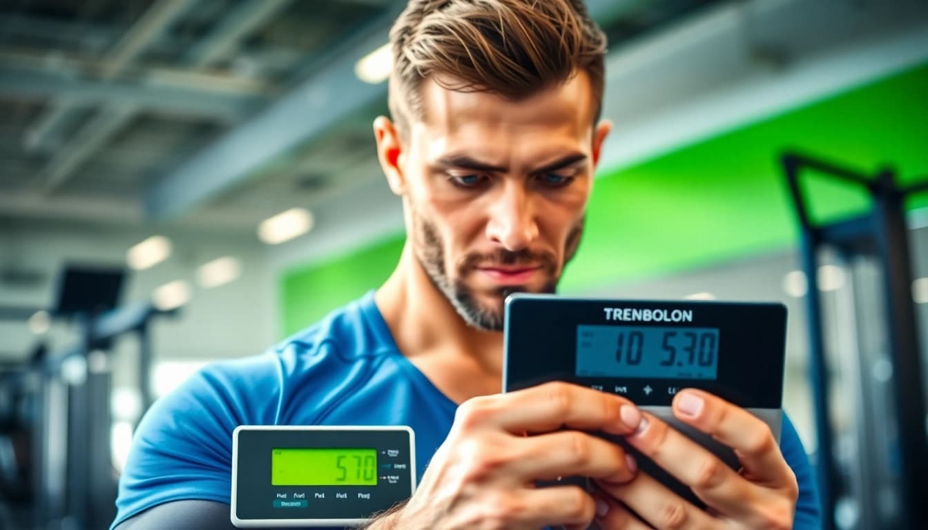 Berechnung des trenbolon preis durch einen Fitness-Trainer im Studio.