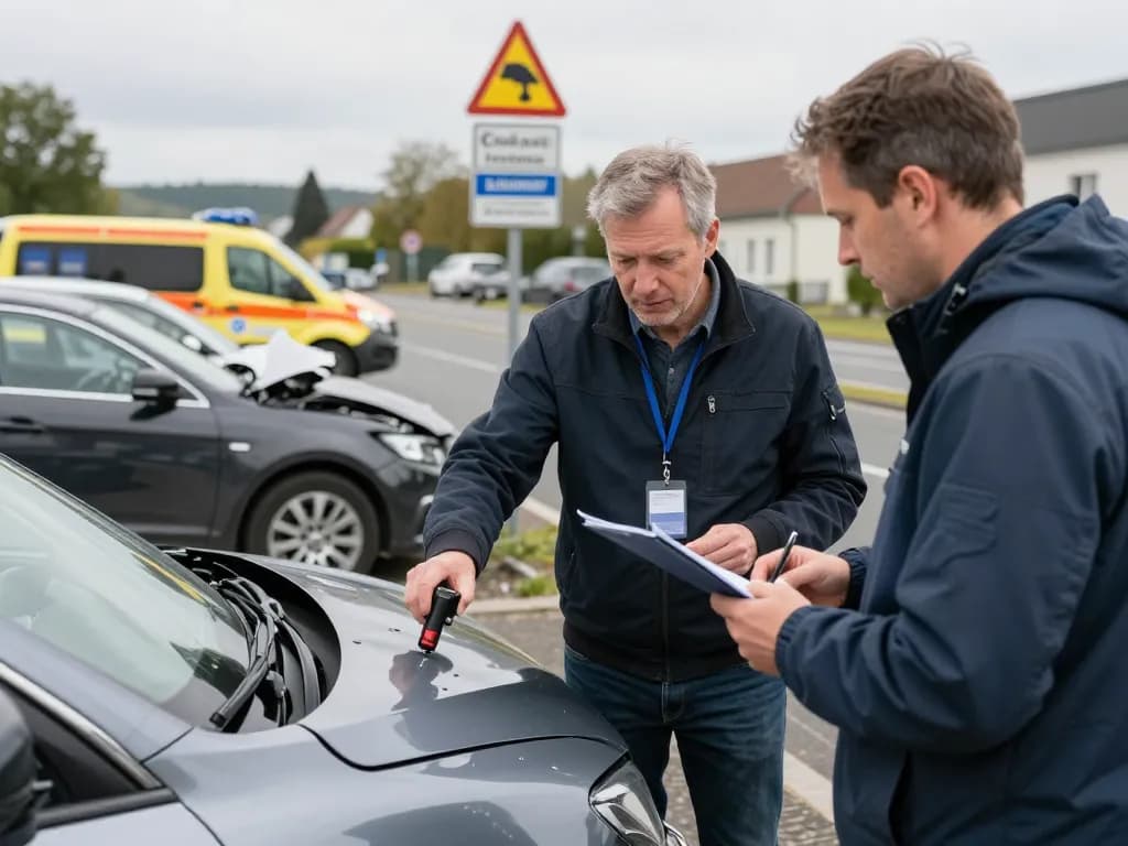 Kfz Gutachter Eschweiler untersucht ein beschädigtes Fahrzeug an einem Unfallort und zeigt eine professionelle Bewertung.