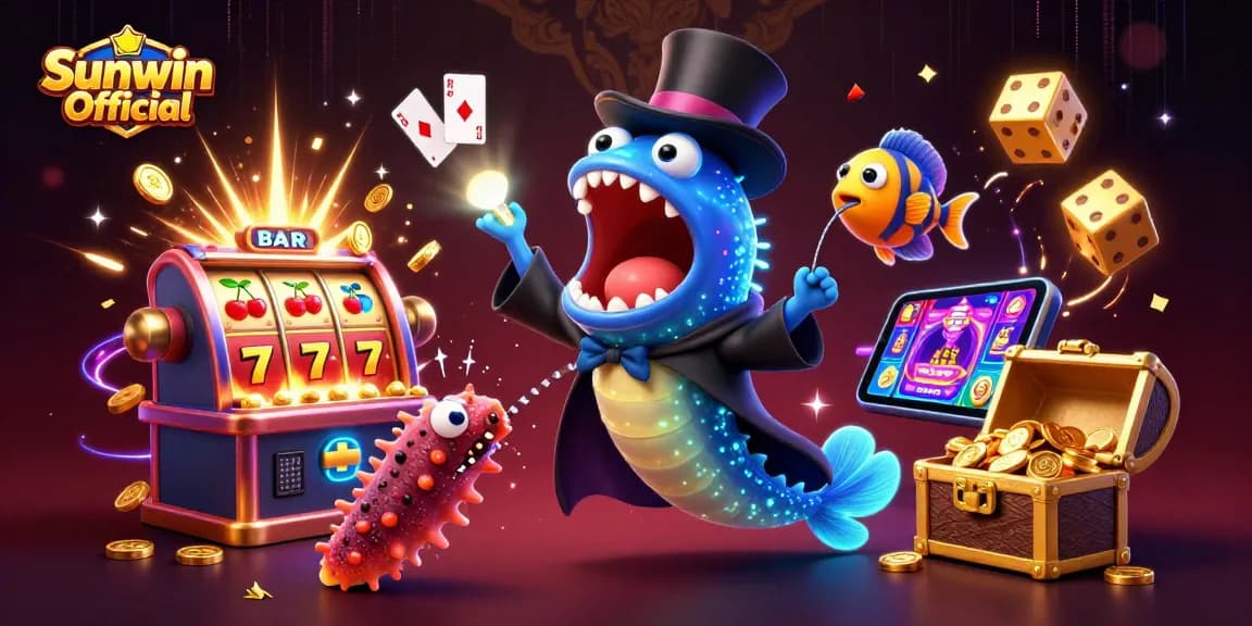 Experience thrilling card tricks with Sunwin Official as colorful symbols and gold coins explode in a vibrant casino scene.